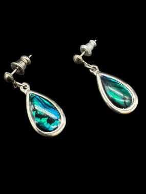 Vintage Pierced Earrings Silver Tone Teardrop Acrylic Incased Abalone